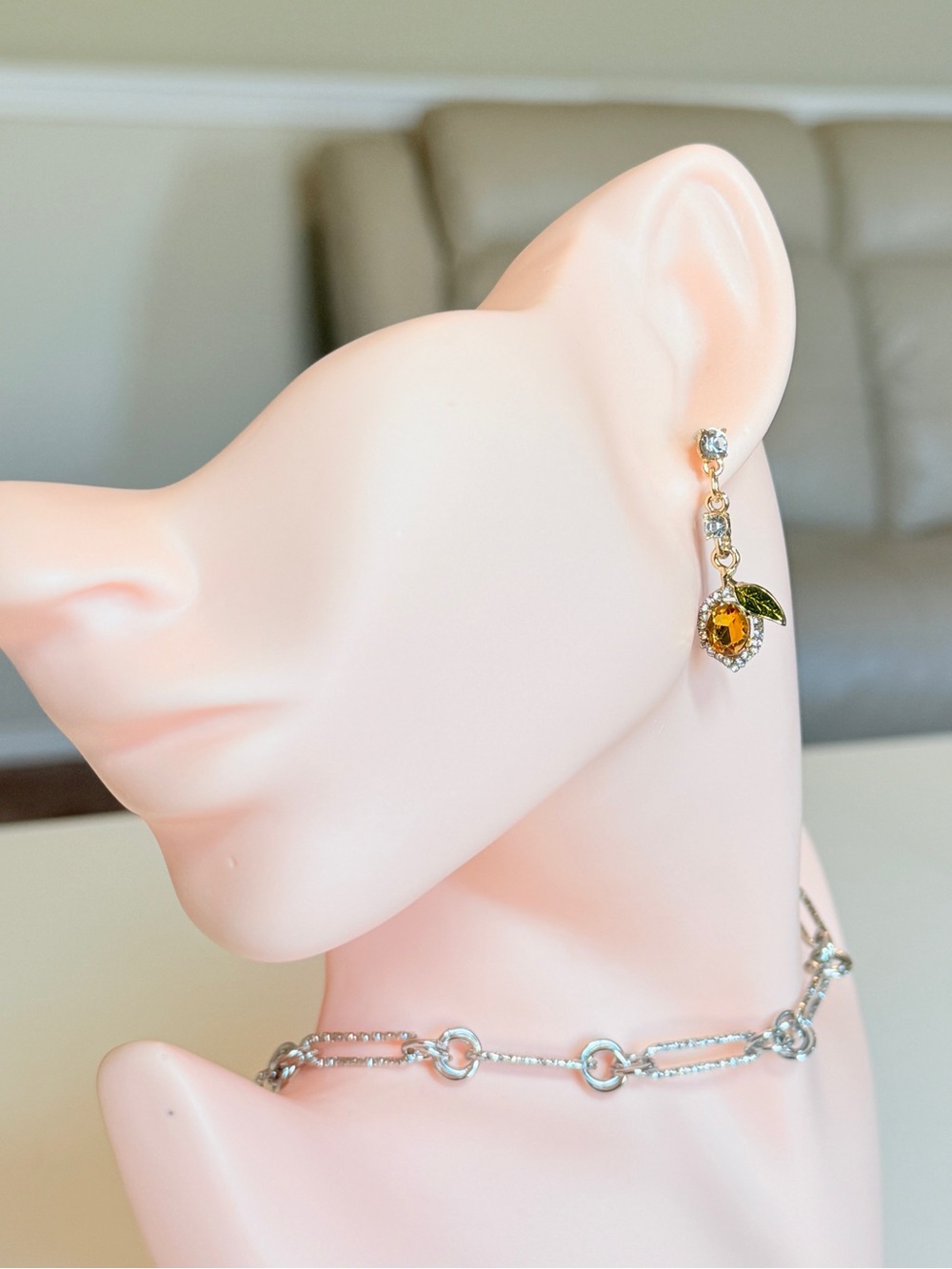 Gold Drop Earrings with Amber Crystal and Green Leaf - Picture 5 of 14